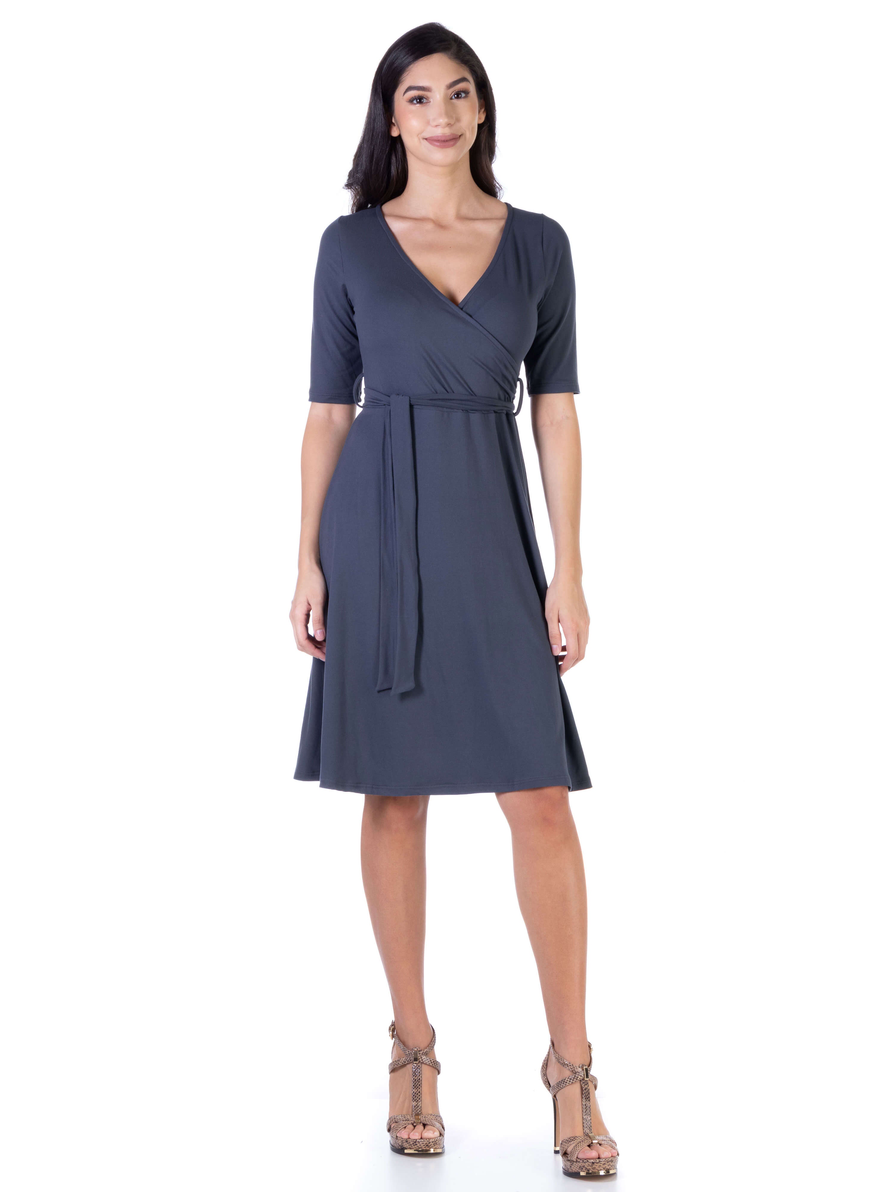 Simple Elbow Sleeve Knee Length Faux Wrap Dress – 24/7 Comfort Apparel